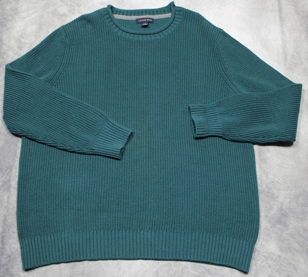 Lands’ End Roll Neck Ribbed Knit Sweater Men’s XXL Teal Green